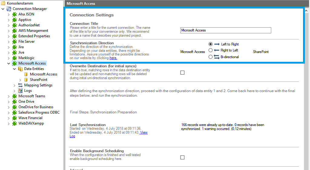 Step 1 Microsoft Access connection setup Screenshot of Microsoft Access one way connection in Layer2 Cloud Connector