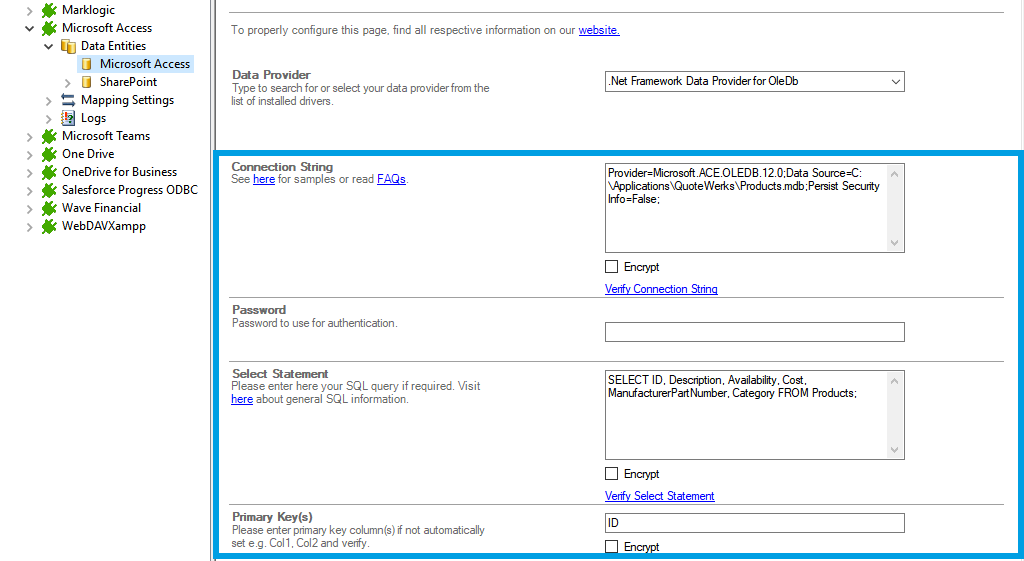 Step 2.5 Microsoft Access integration connection string setup Screenshot of a Microsoft Access connection string in Layer2 Cloud Connector