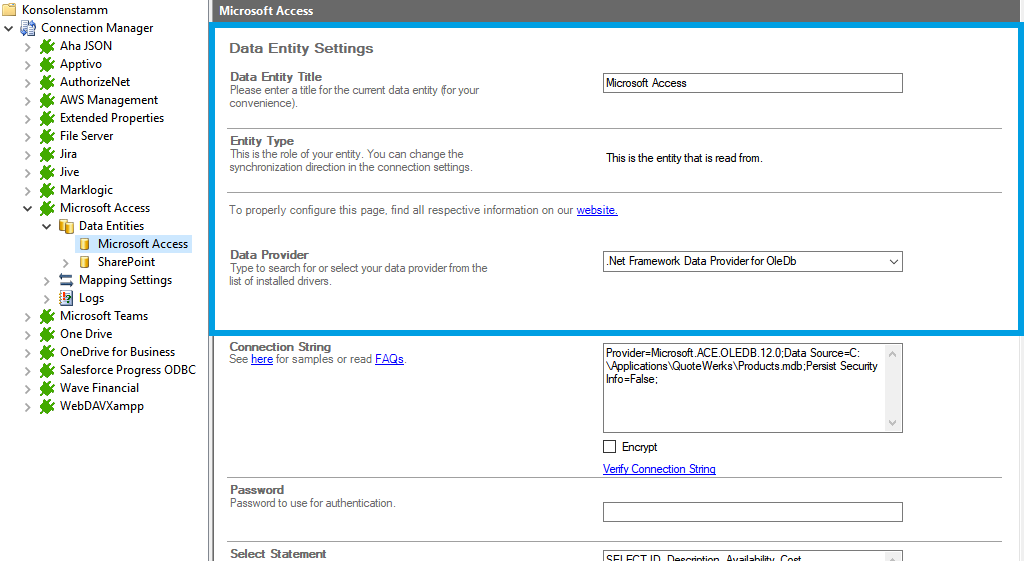 Step 2 Microsoft Access integration source setup Screenshot of how to configure Microsoft Access in Data Entity 1 of Layer2 Cloud Connector