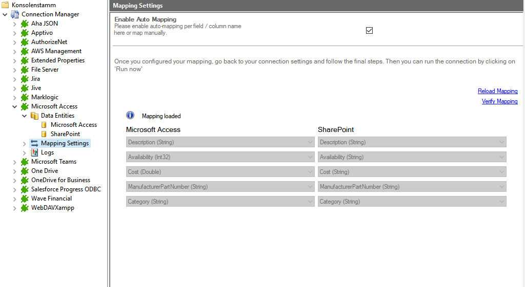 Step 4 Microsoft Access integration mapping Acreenshot of mapping settings between Microsoft Access and SharePoint in layer2 Cloud Connector