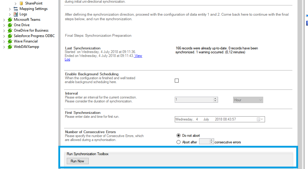 Step 5 Microsoft Access data integration start Screenshot of a the run now button after setting up a connection between Microsoft Access and SharePoint in Layer2 Cloud Connector