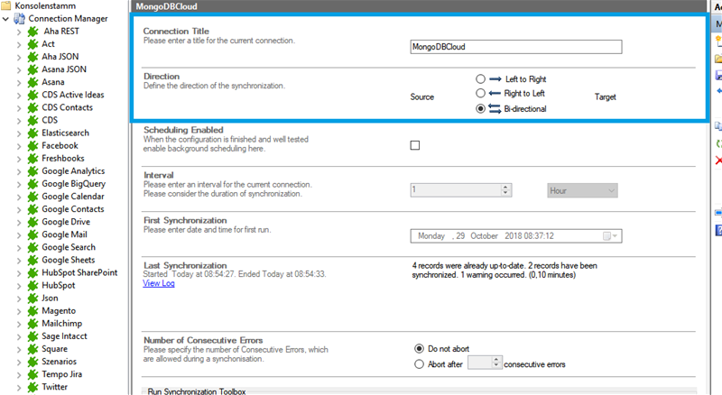 Connection setup for MongoDB Cloud in the Layer2 Cloud Connector