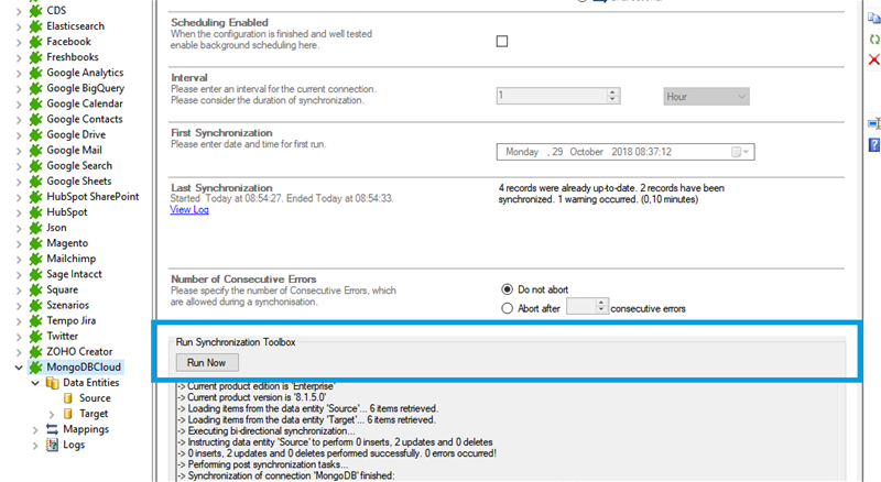 Start the data integration of MongoDB Cloud integration-start