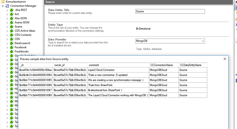 Preview data of MongoDB Cloud integration