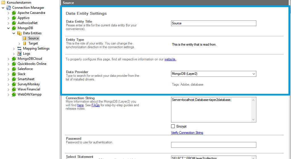 Source setup for MongoDB integration in the Layer2 Cloud Connector