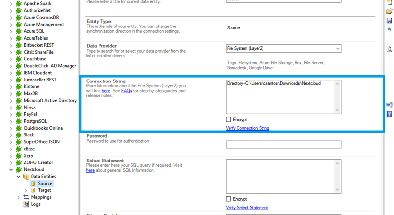 Step 2.5 Nextcloud integration connection string setup