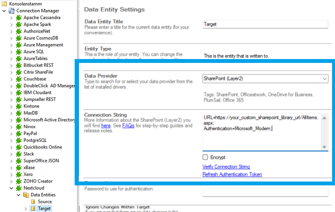Screenshot of the connection target - SharePoint