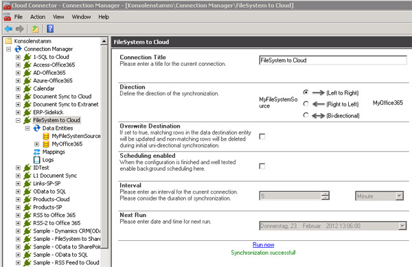 Example of connection definition for filesystem to cloud replication