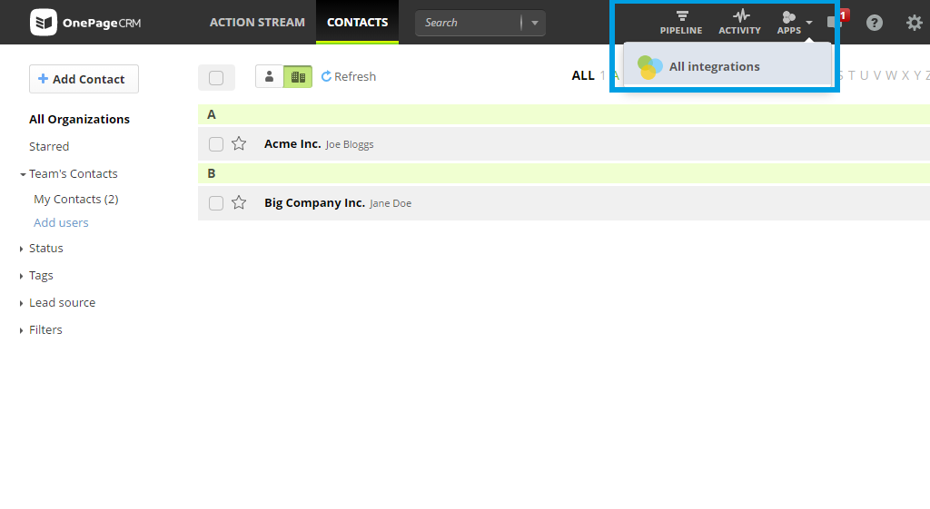 OnePageCRM apps all integrations