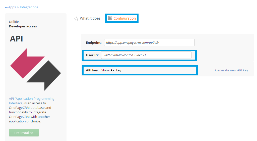 OnePageCRM userid and api key