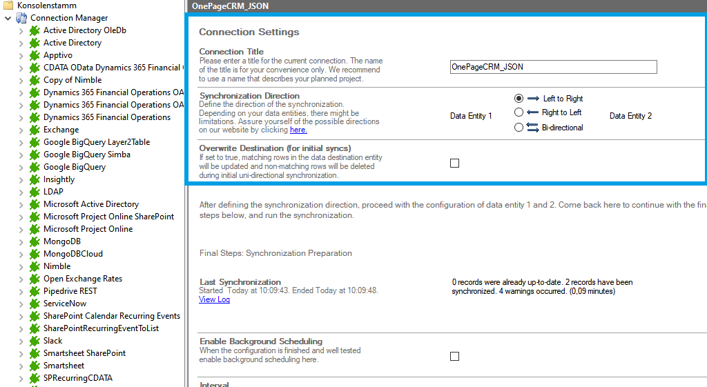 Connection setup for OnePageCRM in the Layer2 Cloud Connector