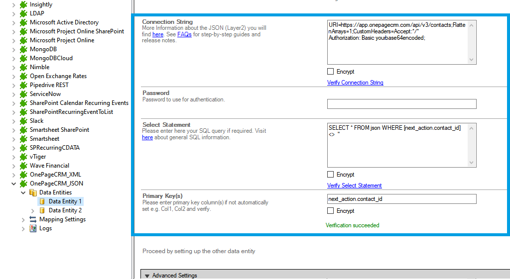 Connection string setup for OnePageCRM data integration in the Layer2 Cloud Connector