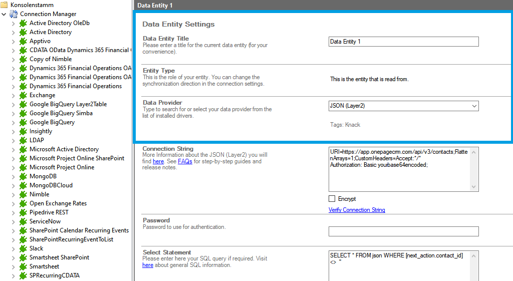 Source setup for OnePageCRM integration in the Layer2 Cloud Connector