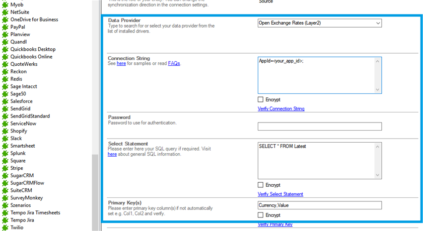 Connection string setup for open exchange rates data integration in the Layer2 Cloud Connector