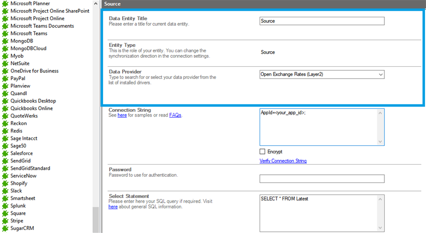 Source setup for open exchange rates integration in the Layer2 Cloud Connector