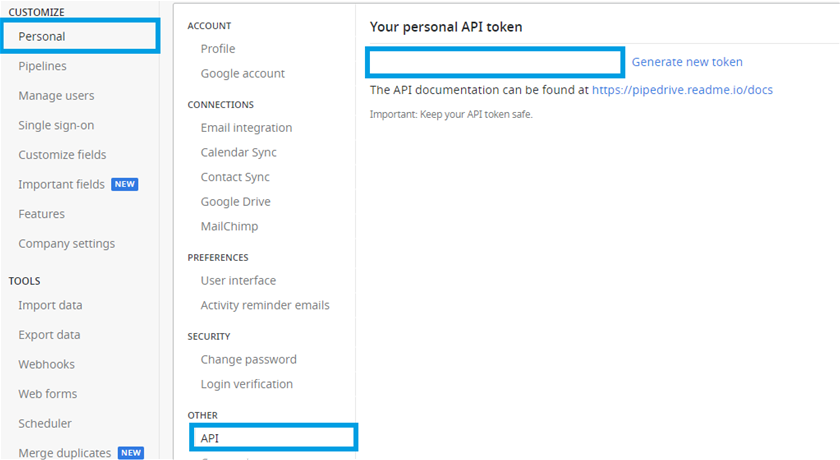 Pipedrive api token