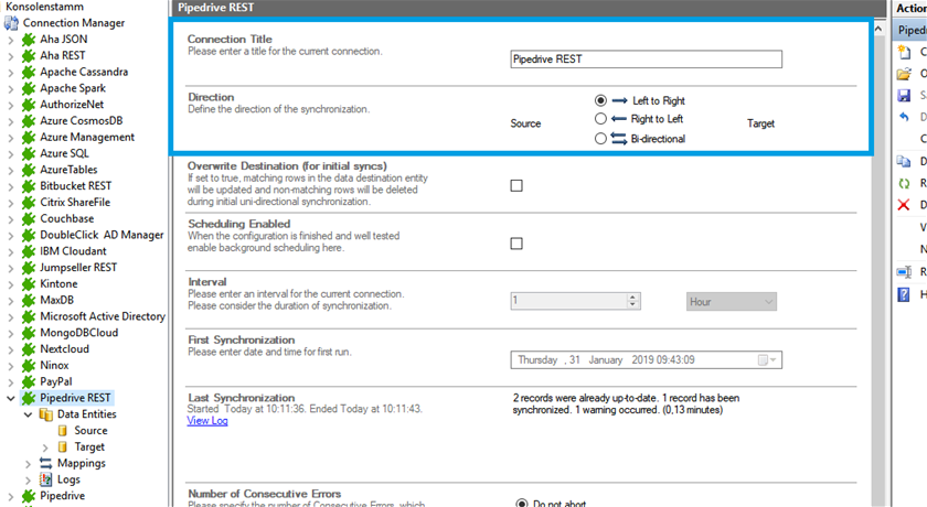 Connection setup for pipedrive in the Layer2 Cloud Connector