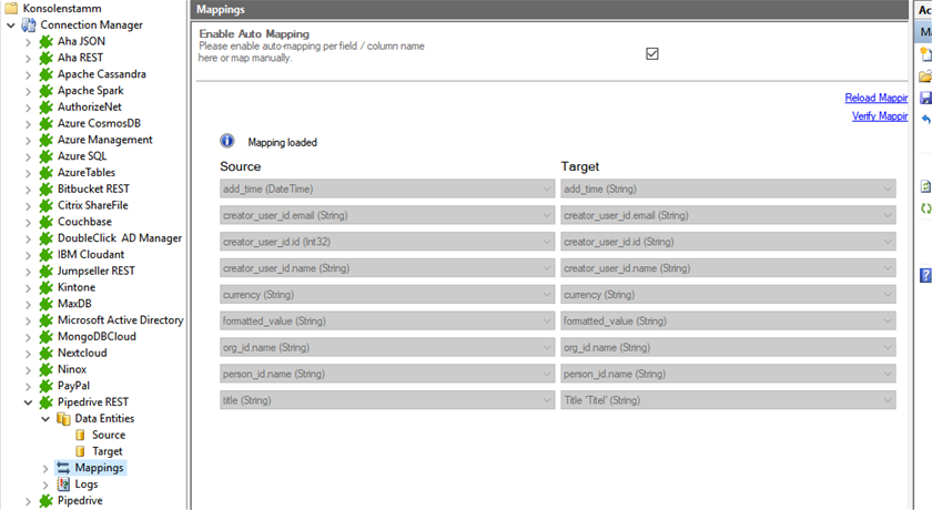 Mapping in the Layer2 Cloud Connector for pipedrive data integration