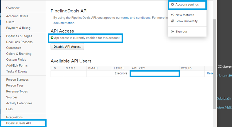 PipelineDeals API settings