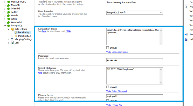 Connection string setup for postgresql data integration in the Layer2 Cloud Connector