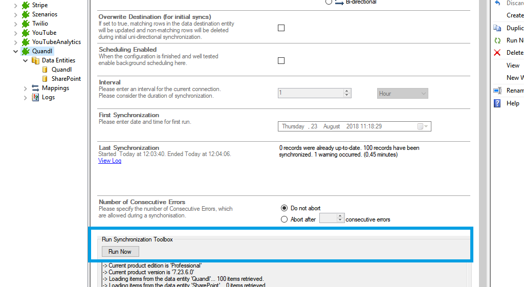 Start the data integration of Quandl