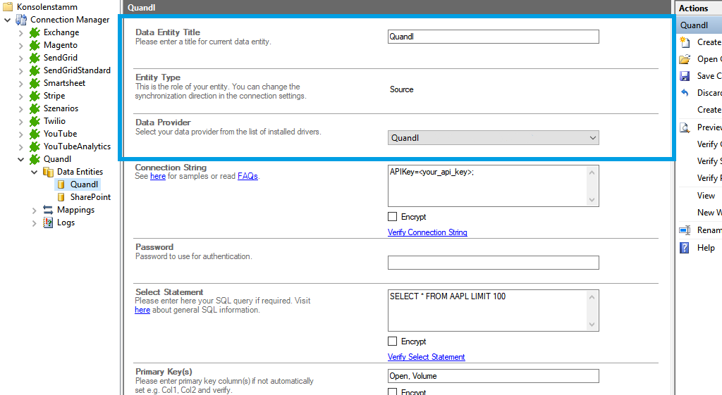 Source setup for Quandl integration in the Layer2 Cloud Connector