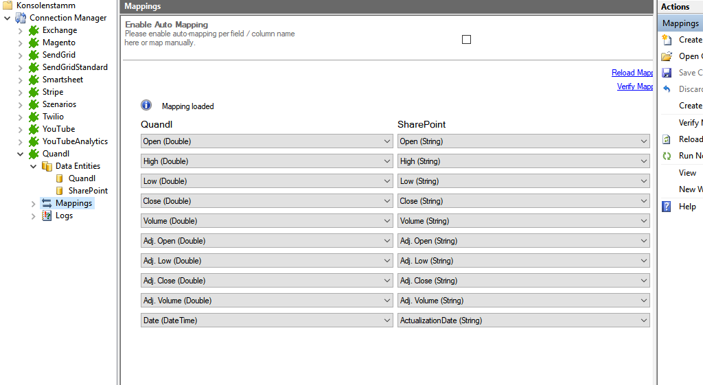 Mapping in the Layer2 Cloud Connector for Quandl data integration