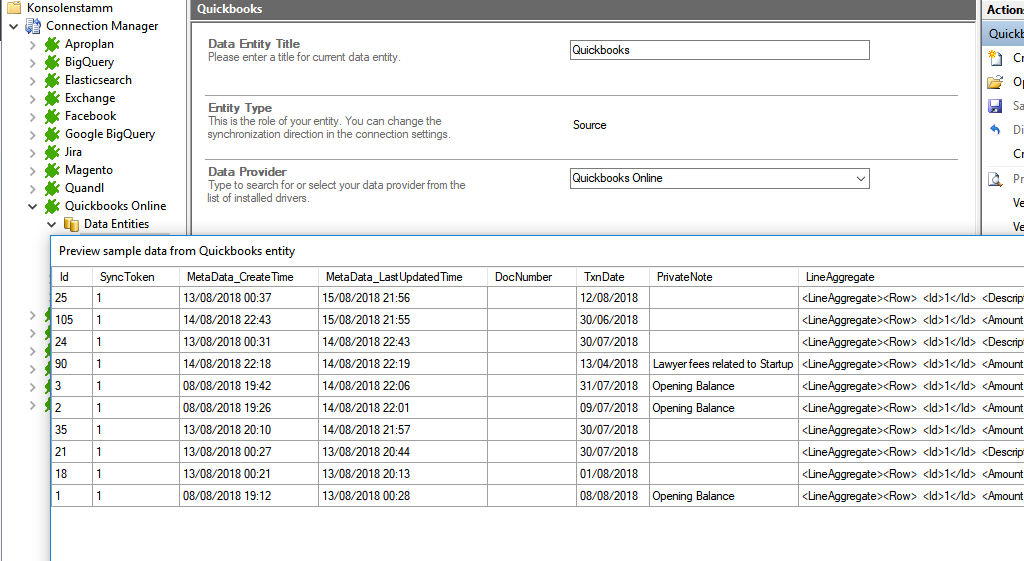 Preview data of quickbooks online integration in the Layer2 Cloud Connector