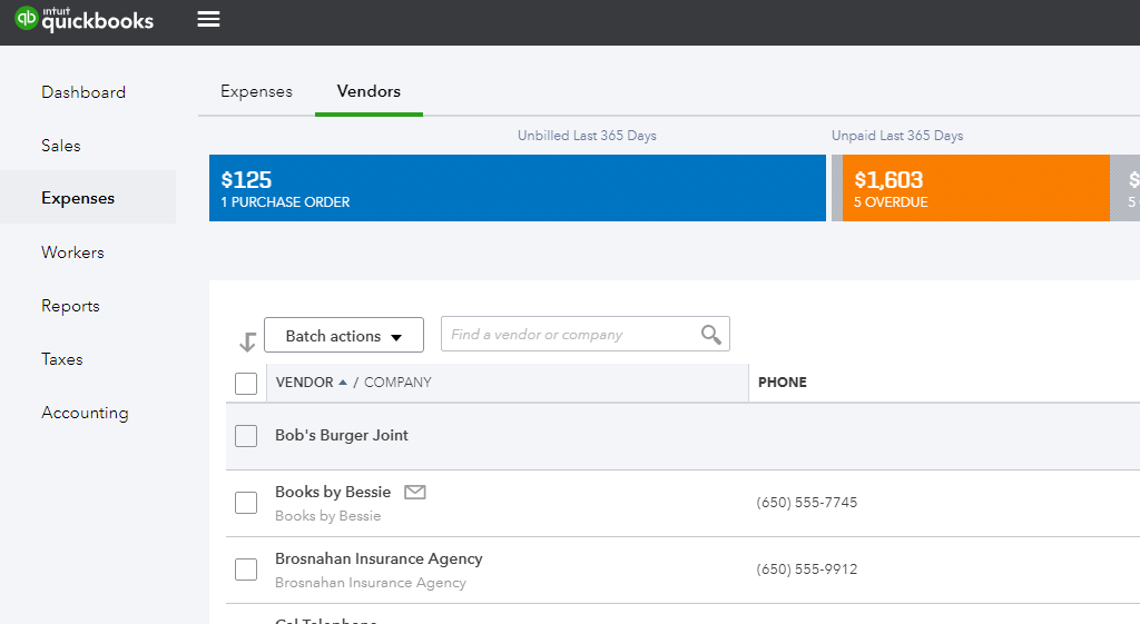 Screenshot of Quickbooks data