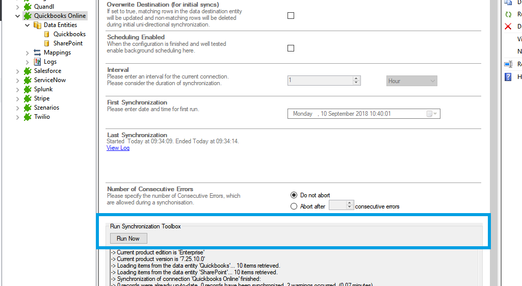 Screenshot of how to run your Quickbooks SharePoint connection in Layer2 Cloud Connector