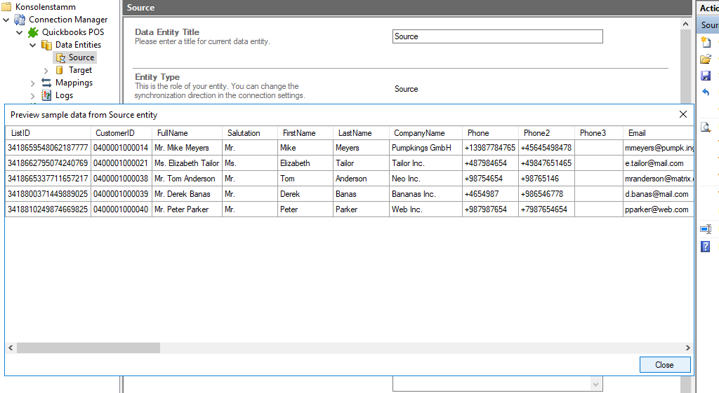 Preview data of quickbooks point of sale integration in the Layer2 Cloud Connector