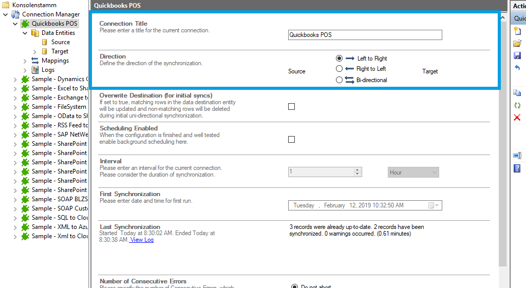 Connection setup for quickbooks point of sale in the Layer2 Cloud Connector