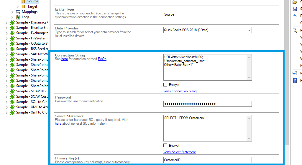 Connection string setup for quickbooks point of sale data integration in the Layer2 Cloud Connector