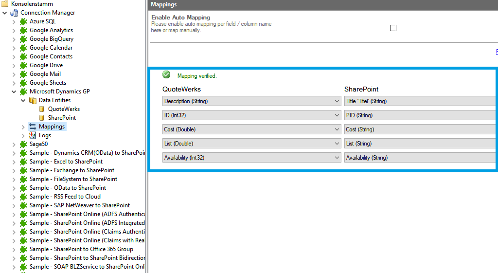 Mapping in the Layer2 Cloud Connector for QuoteWerks data integration