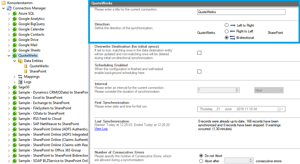 Connection setup in the Layer2 Cloud Connector for quotewerks data integration