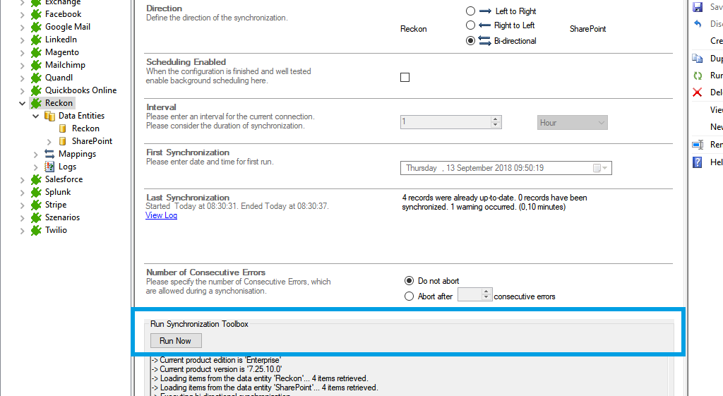 Start the data integration of Reckon Desktop 