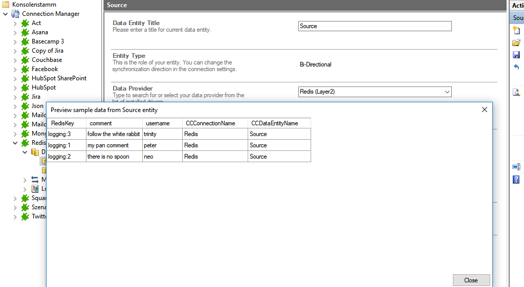 Preview data of Redis integration in the Layer2 Cloud Connector