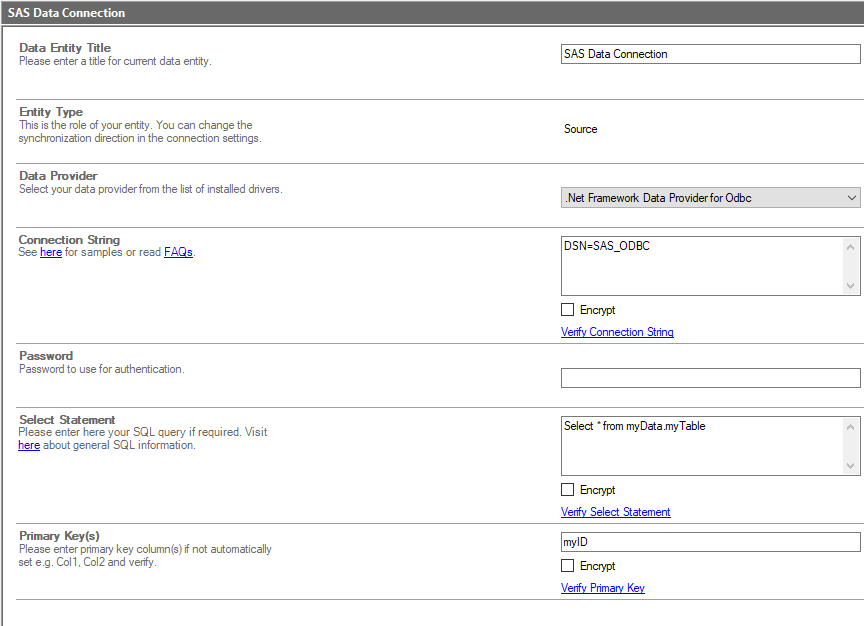 Example connection for SAS integration