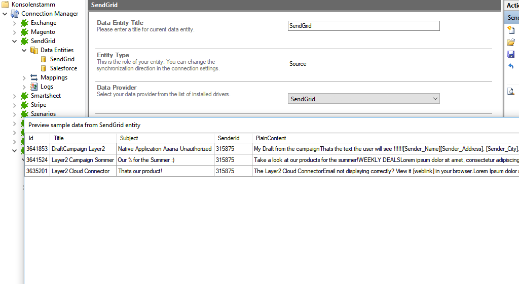 Preview data of SendGrid integration