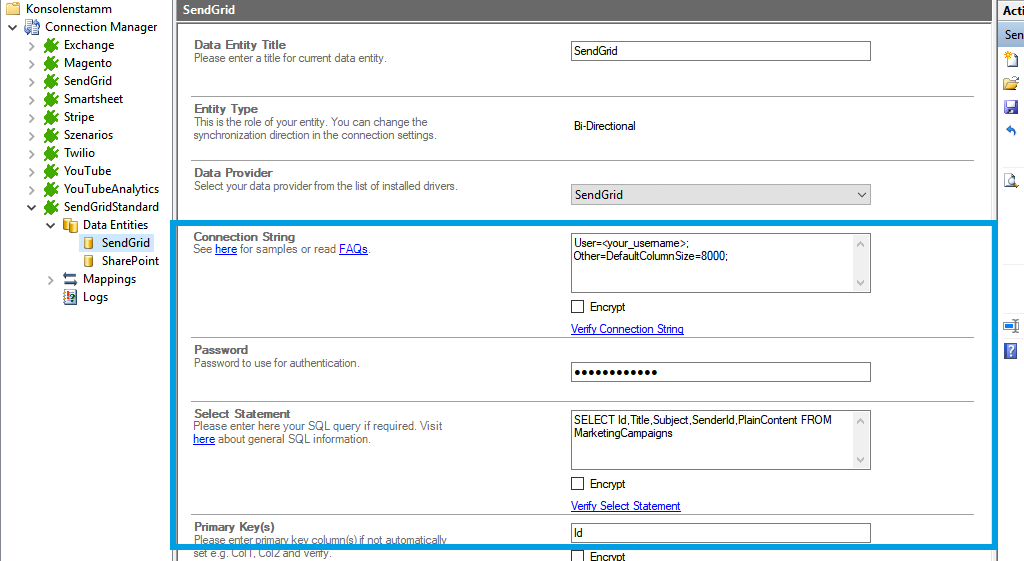 Connection string setup for SendGrid data integration in the Layer2 Cloud Connector