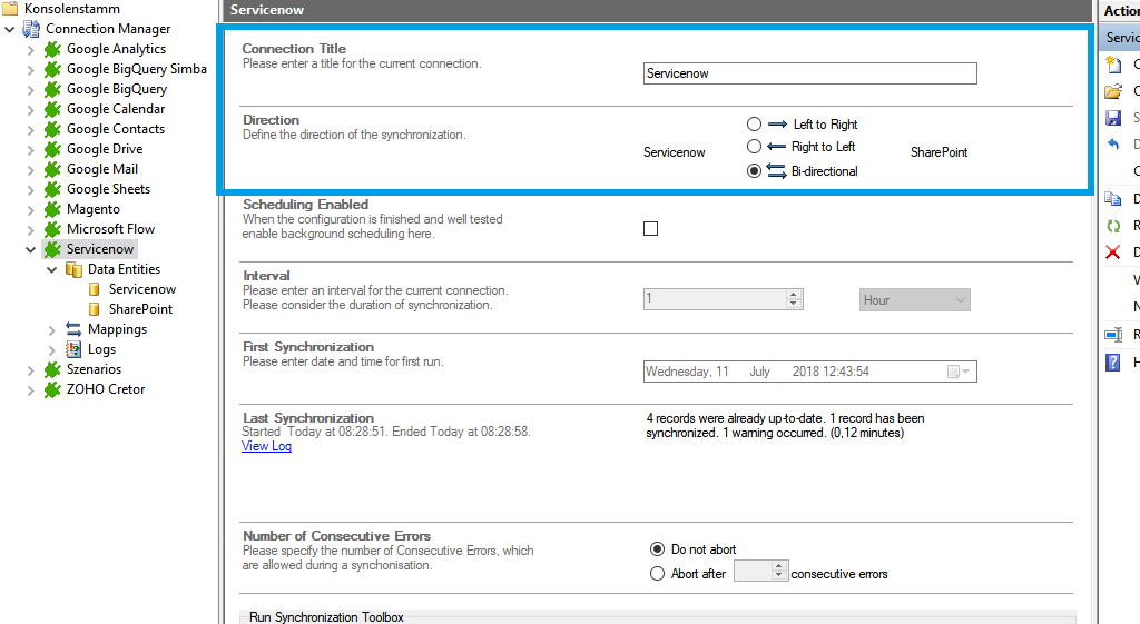 Connection setup ServiceNow integration in the Layer2 Cloud Connector