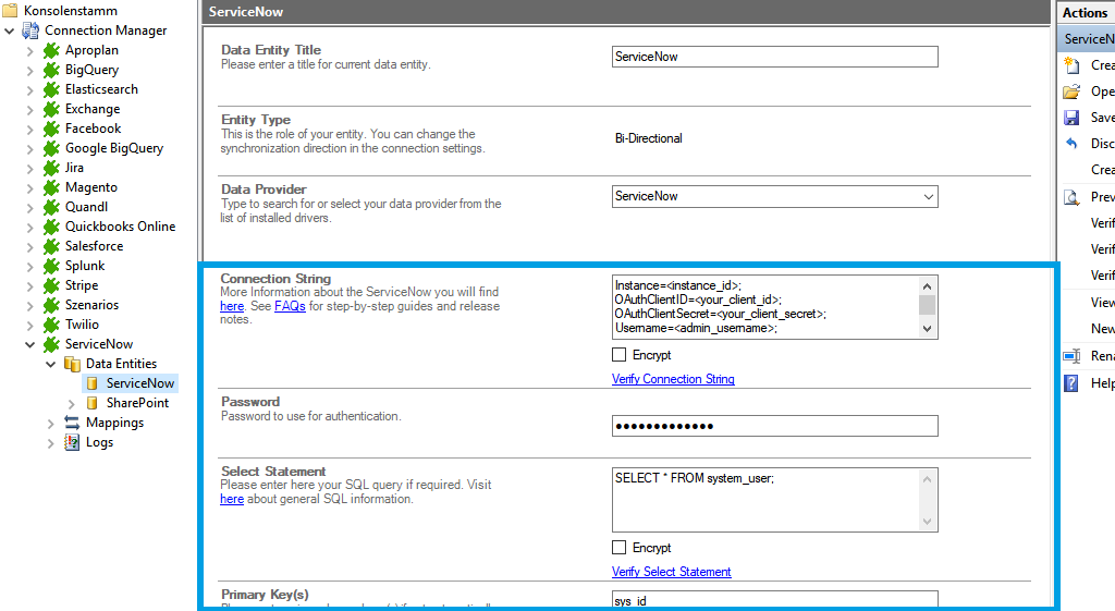 Connection String setup for ServiceNow integration in the Layer2 Cloud Connector