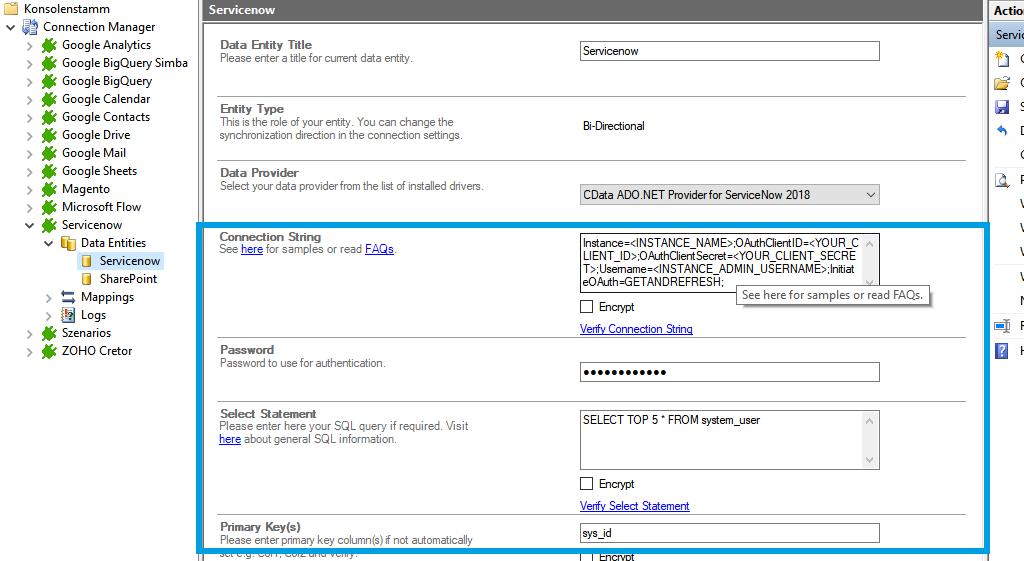 Connection string setup for Servicenow data integration in the Layer2 Cloud Connector