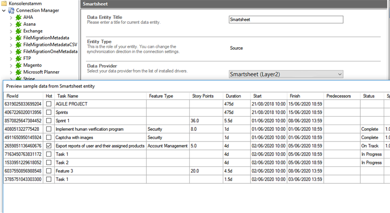 Preview data of Smartsheet integration