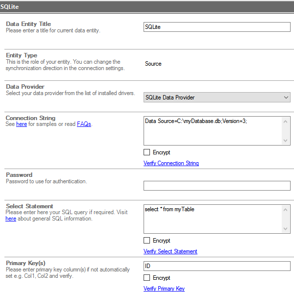 Example Configuration of SQLite