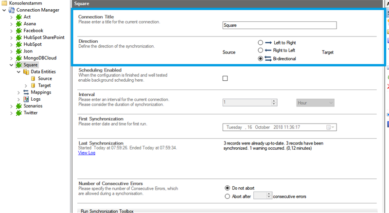 Connection setup for Square in the Layer2 Cloud Connector