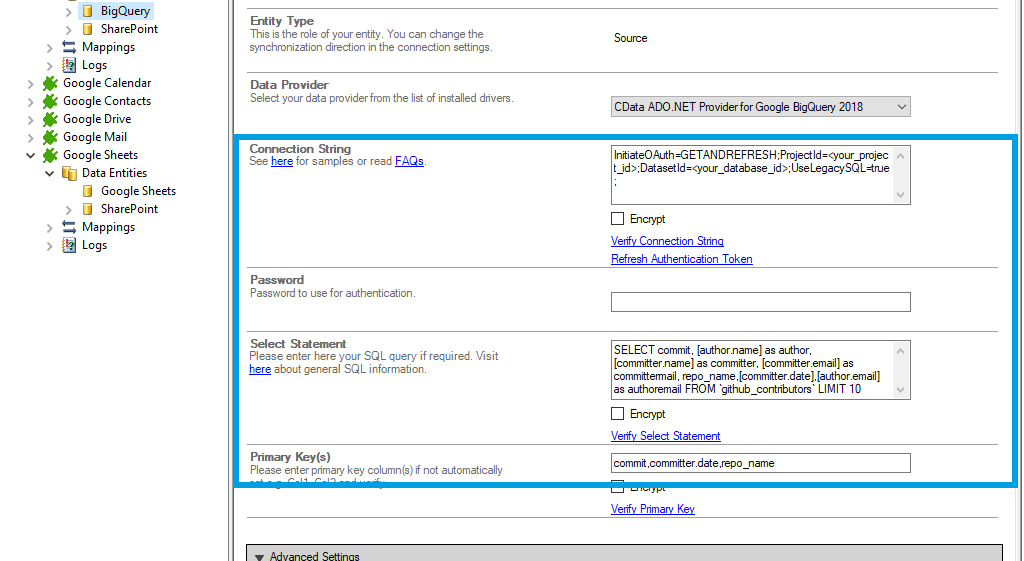Step 2.5: Google BigQuery data intgeration connection string Connection string configuration in the Layer2 Cloud Connector for Google BigQuery data integration