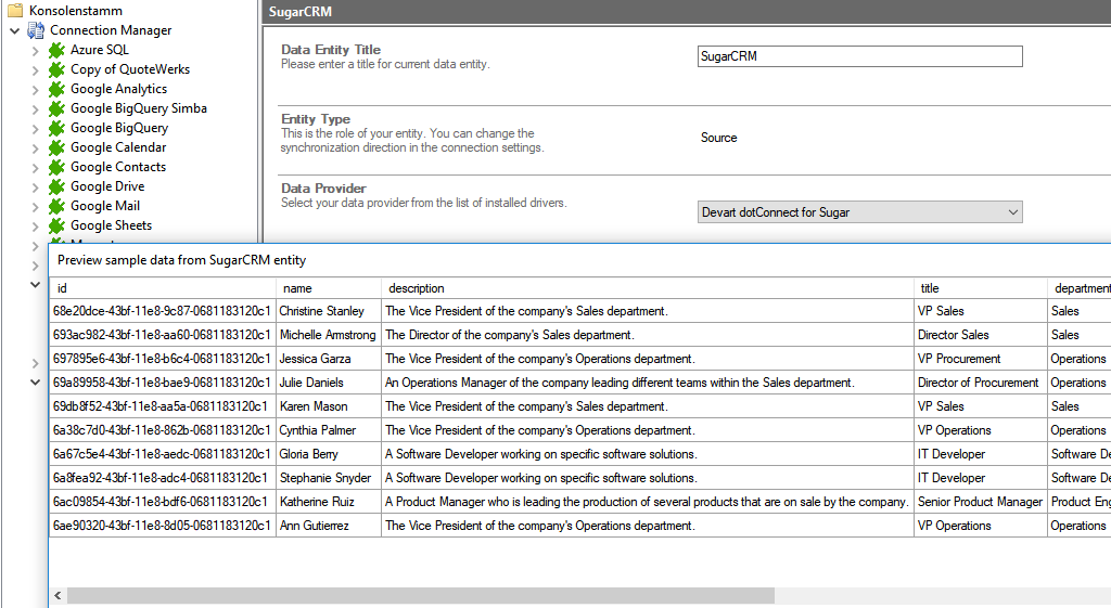 Preview data of sugarcrm integration in the Layer2 Cloud Connector