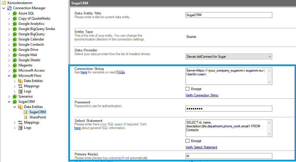 Connection string setup for sugarcrm data integration in the Layer2 Cloud Connector