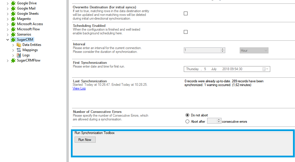 Start the data integration of sugarcrm